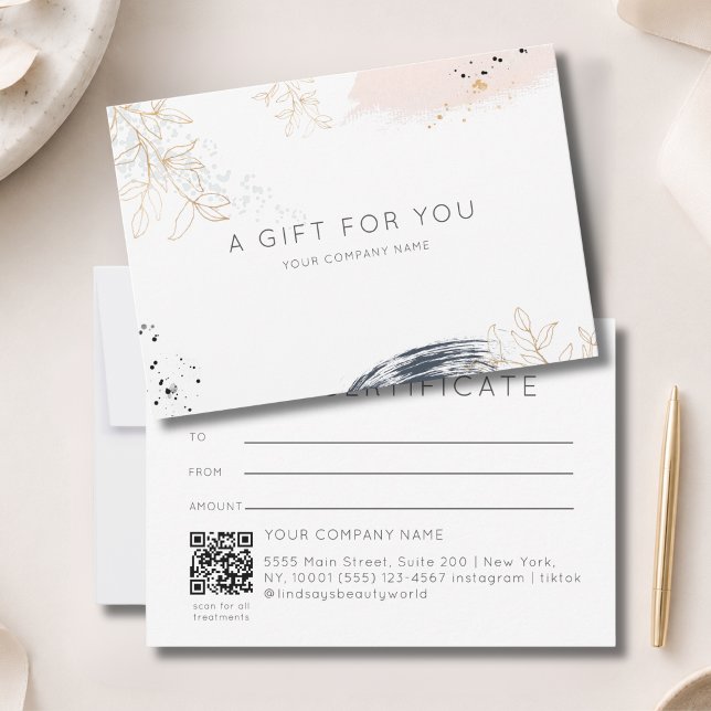 Moderne Wasserfarbe-Tinte QR-Code-Geschenkgutschei (Modern Watercolor Ink QR Code Gift Certficate White Blue Blush)