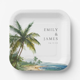 Moderne Wasserfarbe Tropische Strandhochzeit Pappteller