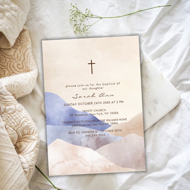 Moderne Wasserfarben Abstrakte Kreuztaufe Einladung (Modern Watercolor Mountain Abstract Cross Baptism Invitation)