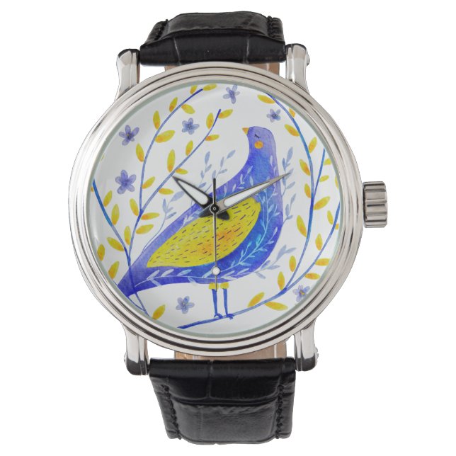 Moderne Wasserfarben Blau und Gelb Vögel Kunst Armbanduhr (Vorderseite)
