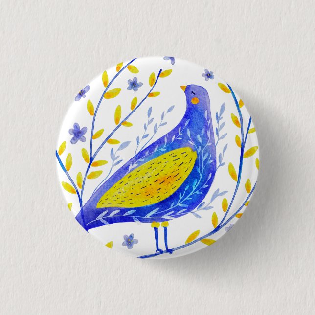 Moderne Wasserfarben Blau und Gelb Vogel Kunst Button (Vorderseite)