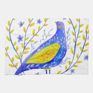 Moderne Wasserfarben Blau und Gelb Vogel Kunst Geschirrtuch