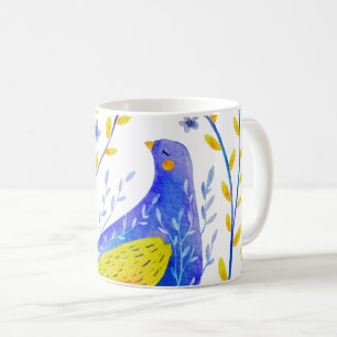 Moderne Wasserfarben Blau und Gelb Vogel Kunst Kaffeetasse