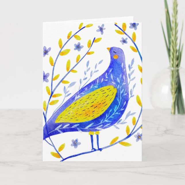 Moderne Wasserfarben Blau und Gelb Vögel Kunst Karte (Vorderseite)