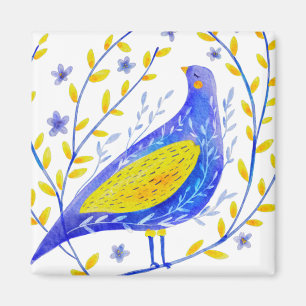 Moderne Wasserfarben Blau und Gelb Vogel Kunst Magnet