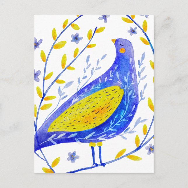 Moderne Wasserfarben Blau und Gelb Vögel Kunst Postkarte (Vorderseite)