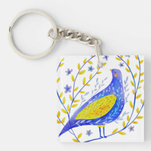 Moderne Wasserfarben Blau und Gelb Vogel Kunst Schlüsselanhänger