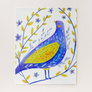 Moderne Wasserfarben Blau und Gelbe Vogel Kunst