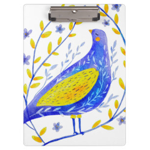 Moderne Wasserfarben Blau und Gelbe Vogel Kunst Klemmbrett