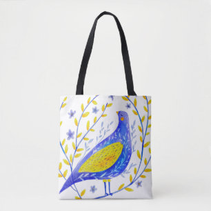 Moderne Wasserfarben Blau und Gelbe Vogel Kunst Tasche