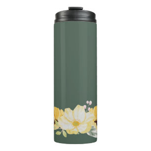 Moderne Wasserfarben-Blumen & grüner Hintergrund Thermosbecher