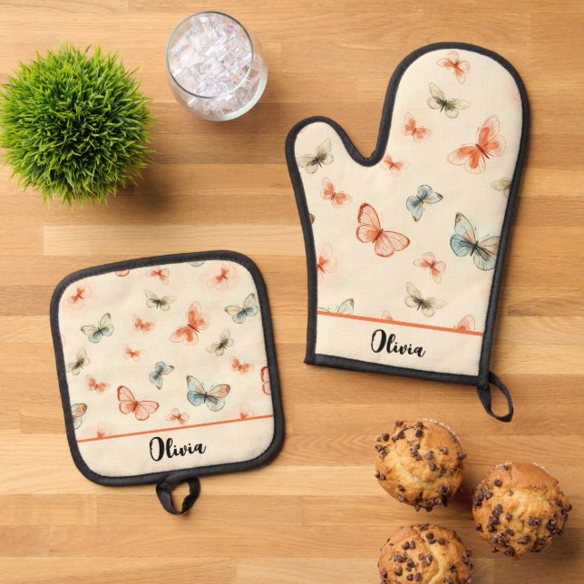 Moderne Wasserfarben Boho Butterfliegen Ofenhandschuh & Topflappen-Set (Oben Unten)