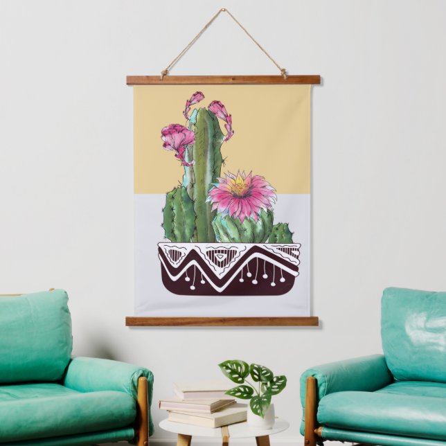Moderne Wasserfarben Cactus Garden Wandteppich Mit Holzrahmen (Wohnzimmer)