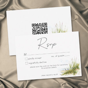 Moderne Wasserfarben-Hochzeit am Strand mit QR-Cod RSVP Karte