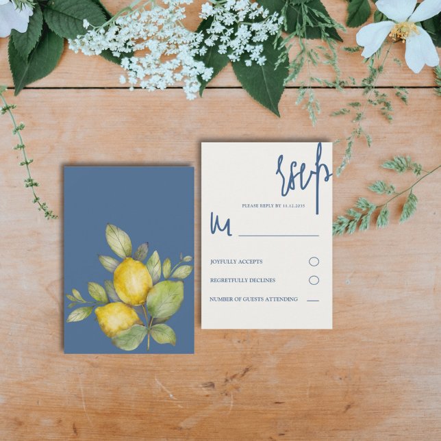 Moderne Wasserfarben Lemon Blue & Yellow Wedding RSVP Karte (Von Creator hochgeladen)