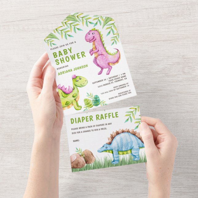 Moderne Wasserfarben Niedliche Dinosaurier Kinderd All In One Einladung (Abreißen)