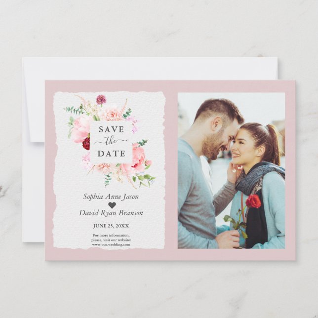 Moderne Wasserfarben Rote Blume Foto Hochzeit Save The Date (Vorderseite)