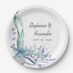 Moderne Wasserfarben Strand - Muscheln Hochzeit Pappteller
