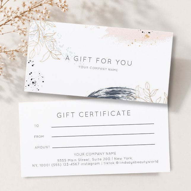 Moderne Wasserfarben-Tinte-Geschenkgutschein (Modern Watercolor Ink White Gift Certficate Blue Blush Gold )