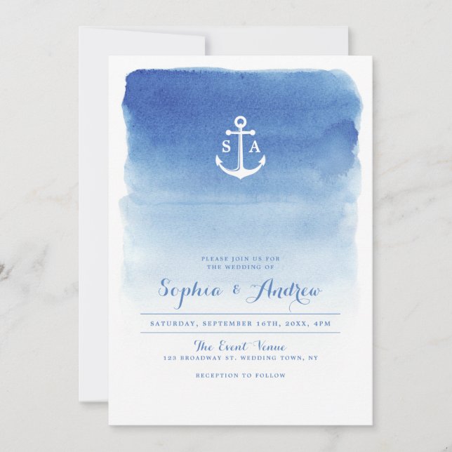 Moderne Wasserfarben Wasseranker Hochzeit Einladung (Vorderseite)