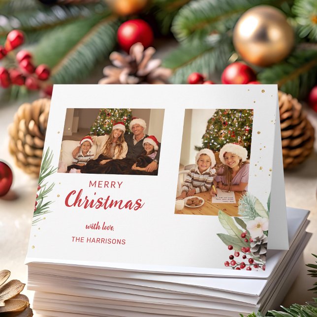 Moderne Wasserfarben Weihnachten Botanisches Zwei- Karte (Von Creator hochgeladen)