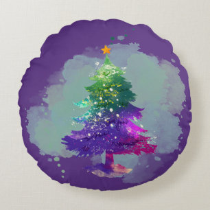 Moderne Wasserfarben-Weihnachtsbaum farbenfroh Rundes Kissen