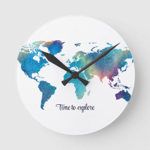 Moderne Wasserfarben-Weltkarte Blau Grün Runde Wanduhr