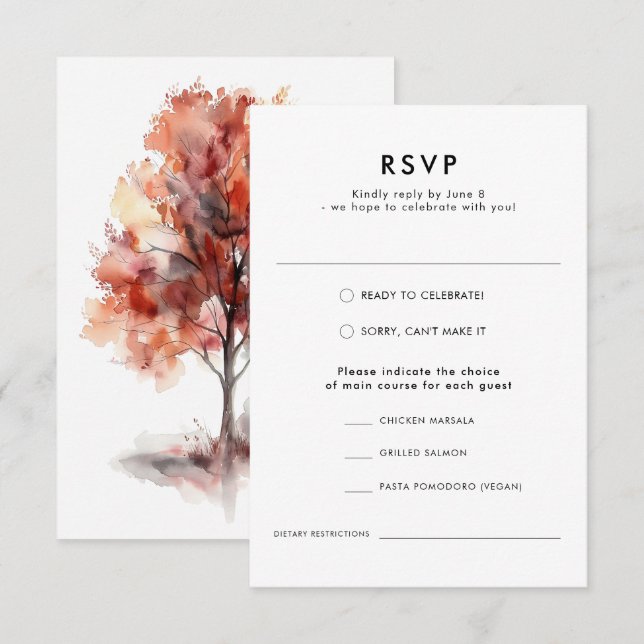 Moderne Wasserfarbenfallen Outdoorwald-Hochzeit RSVP Karte (Vorne/Hinten)
