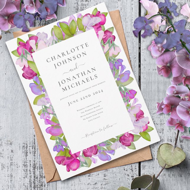 Moderne Wasserfarbenwelt Elegante Hochzeit Einladung (Elegant floral pink purple wedding invitation watercolor garden sweetpea)