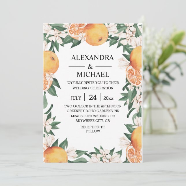 Moderne Wasserfarbenzitrus Boho Botanische Hochzei Einladung (Stehend Vorderseite)
