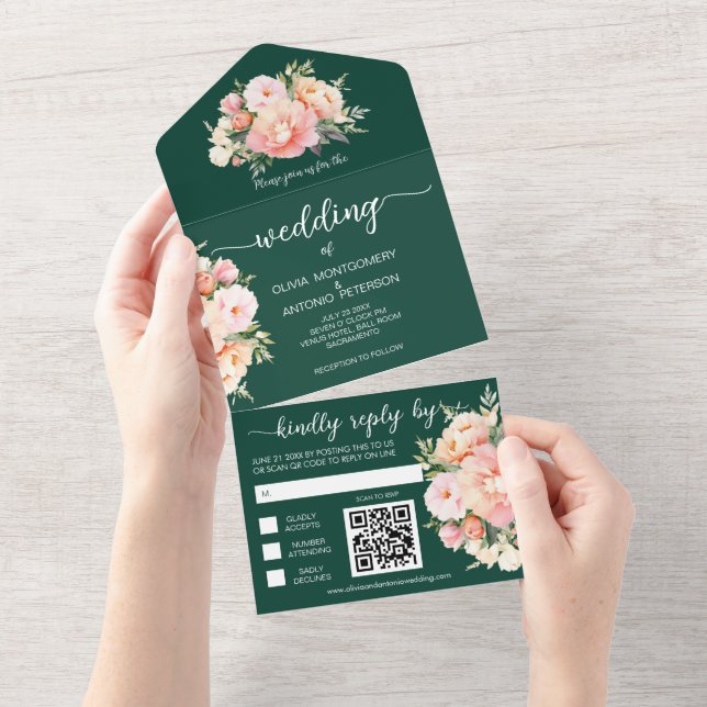 Moderne Wasserhärtenpeony Emerald QR Code Hochzeit All In One Einladung (Abreißtisch)