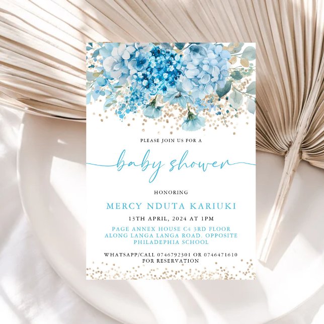 Moderne Watercolor Blue Gold Floral Baby Dusche Einladung (Von Creator hochgeladen)
