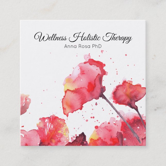 *~* moderne Watercolor-Blumen-rote mit Quadratische Visitenkarte (Vorderseite)