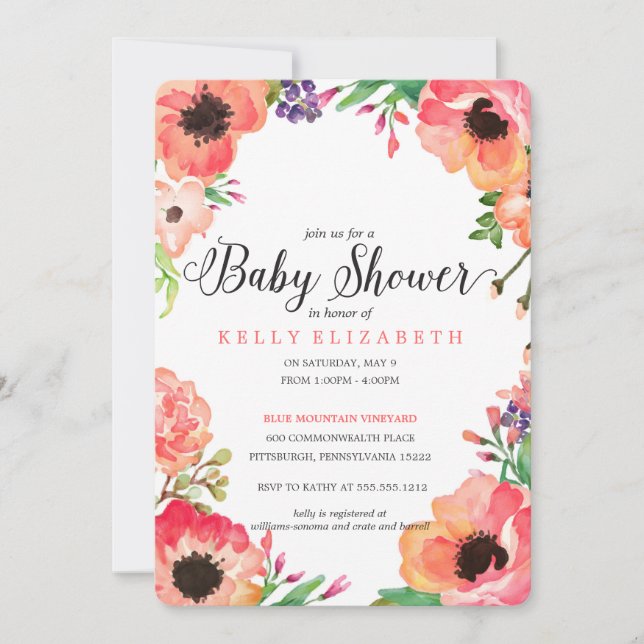 MODERNE WATERCOLOR-BLUMENDE Babydusche Einladung (Vorderseite)