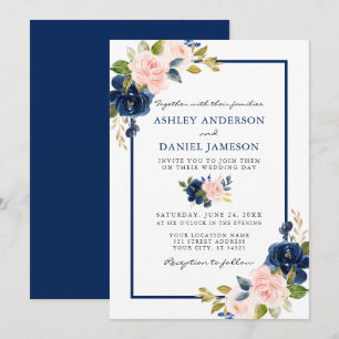 Moderne Watercolor Classic Blue Pink Floral Weddin Einladung