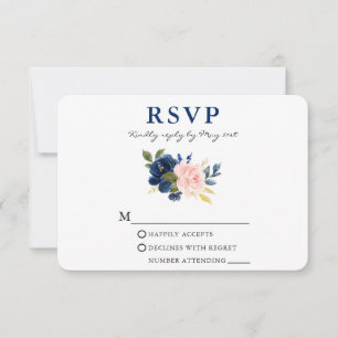 Moderne Watercolor Classic Blue Pink Floral Weddin RSVP Karte