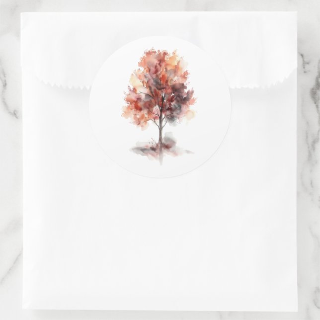 Moderne Watercolor Fall Tree Foliage Hochzeit Runder Aufkleber (Tasche)