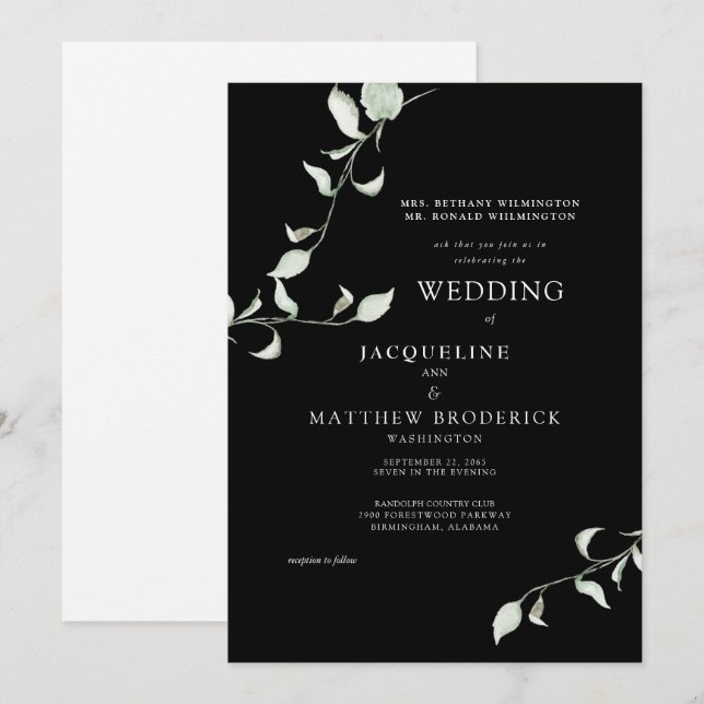 Moderne Watercolor Foliage Black Wedding Einladung (Vorne/Hinten)
