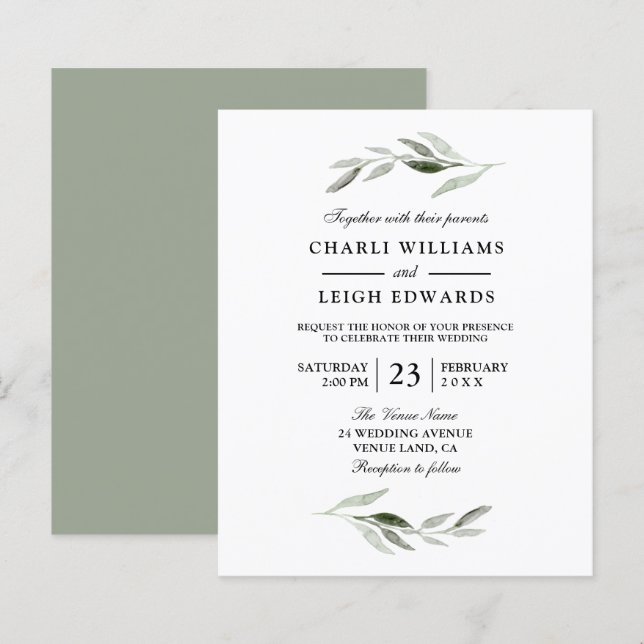 Moderne Watercolor Green Leaf Budget Hochzeit einl (Vorne/Hinten)