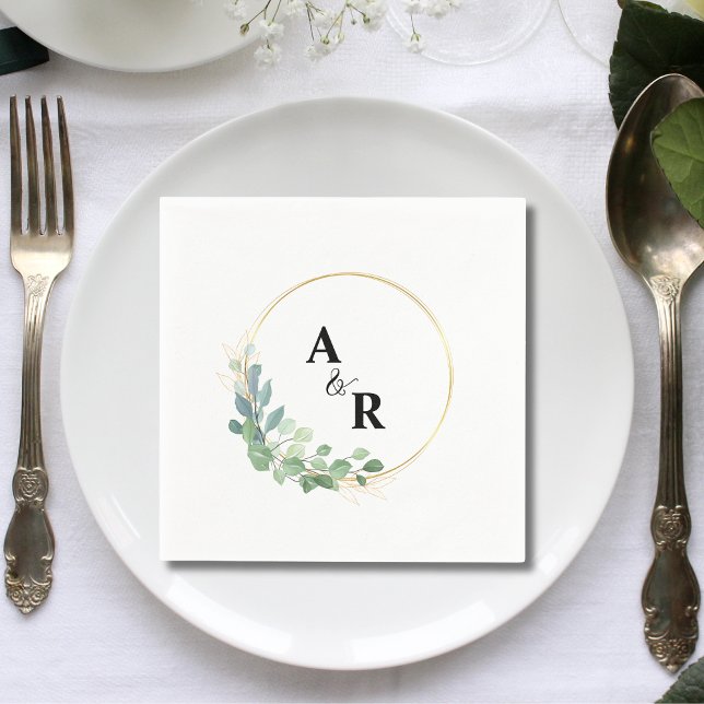 Moderne Watercolor Greenery Couple Monogram Weddin Serviette (Von Creator hochgeladen)