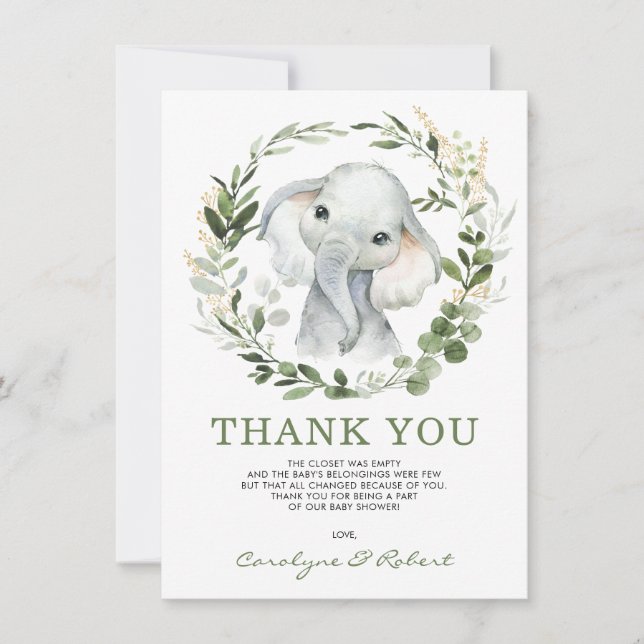Moderne Watercolor Greenery Gold Baby Elephant Dankeskarte (Vorderseite)