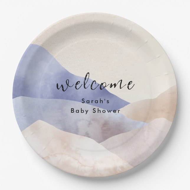 Moderne Watercolor Mountain Baby Dusche Willkommen Pappteller (Vorderseite)