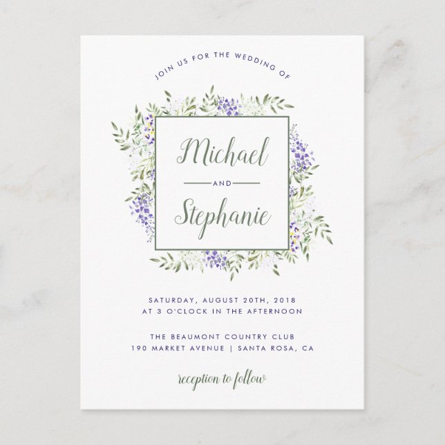 Moderne Watercolor Wisteria Rahmen Wedding Einladungspostkarte (Vorderseite)