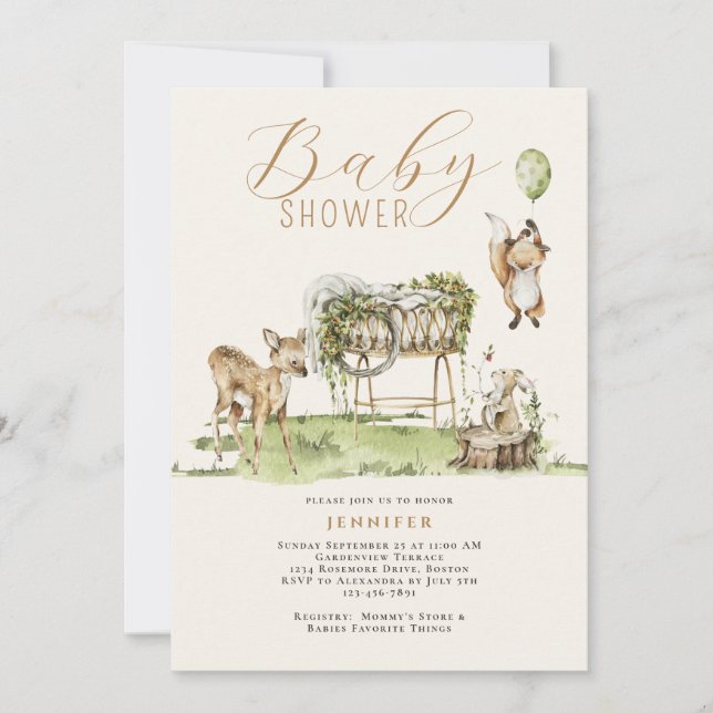 Moderne Watercolor Woodland Animals Kinderdusche Einladung (Vorderseite)