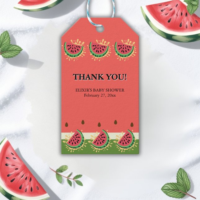 Moderne Watermelon Splash Baby Dusche Geschenkanhänger (Von Creator hochgeladen)