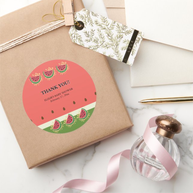 Moderne Watermelon Splash Baby Dusche Runder Aufkleber (Schenken)