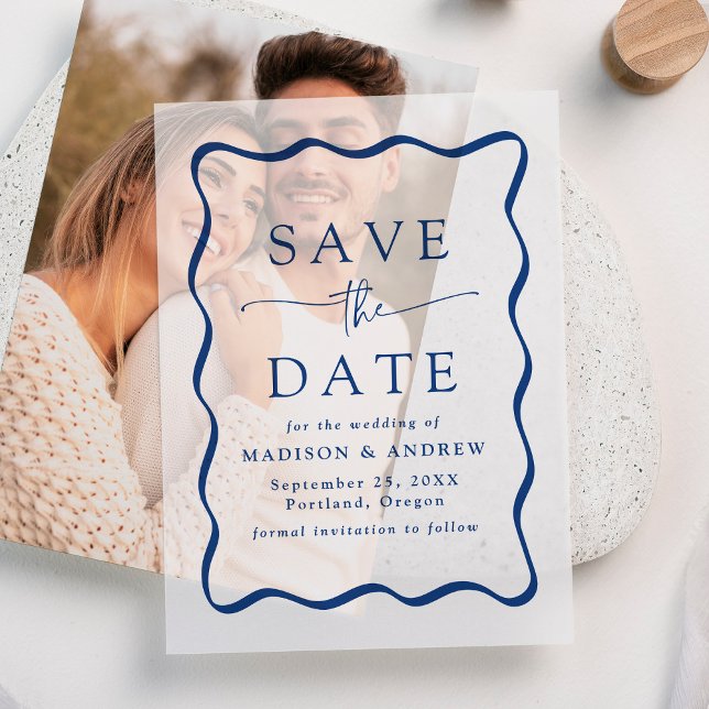 Moderne Wavy Blue Frame Wedding Save the Date (Von Creator hochgeladen)