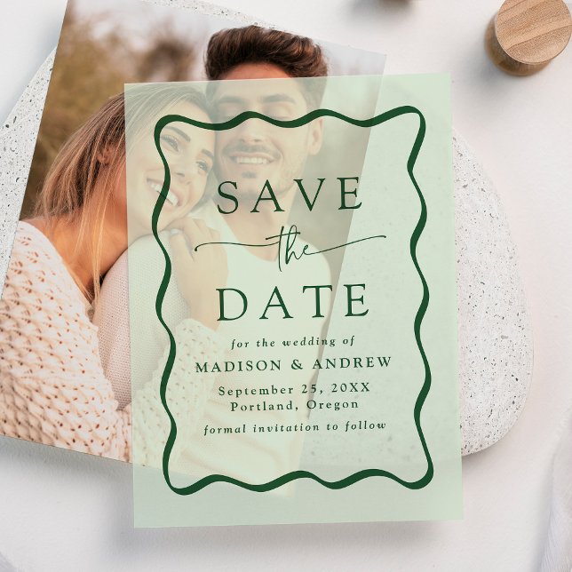 Moderne Wavy Green Frame Wedding Save the Date (Von Creator hochgeladen)
