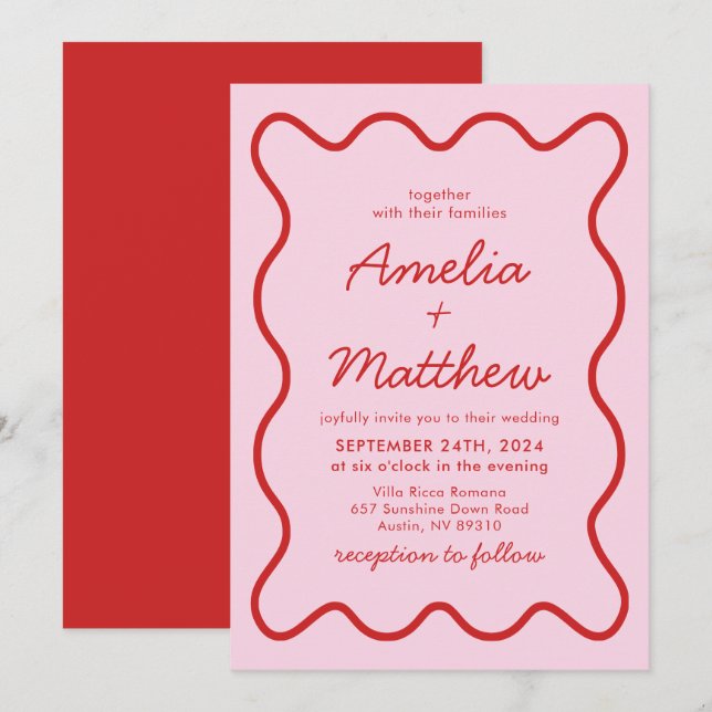 Moderne Wavy Pink und Red Retro Squiggle Wedding Einladung (Vorne/Hinten)