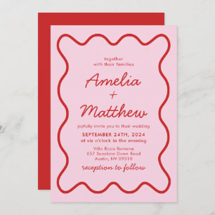 Moderne Wavy Pink und Red Retro Squiggle Wedding Einladung